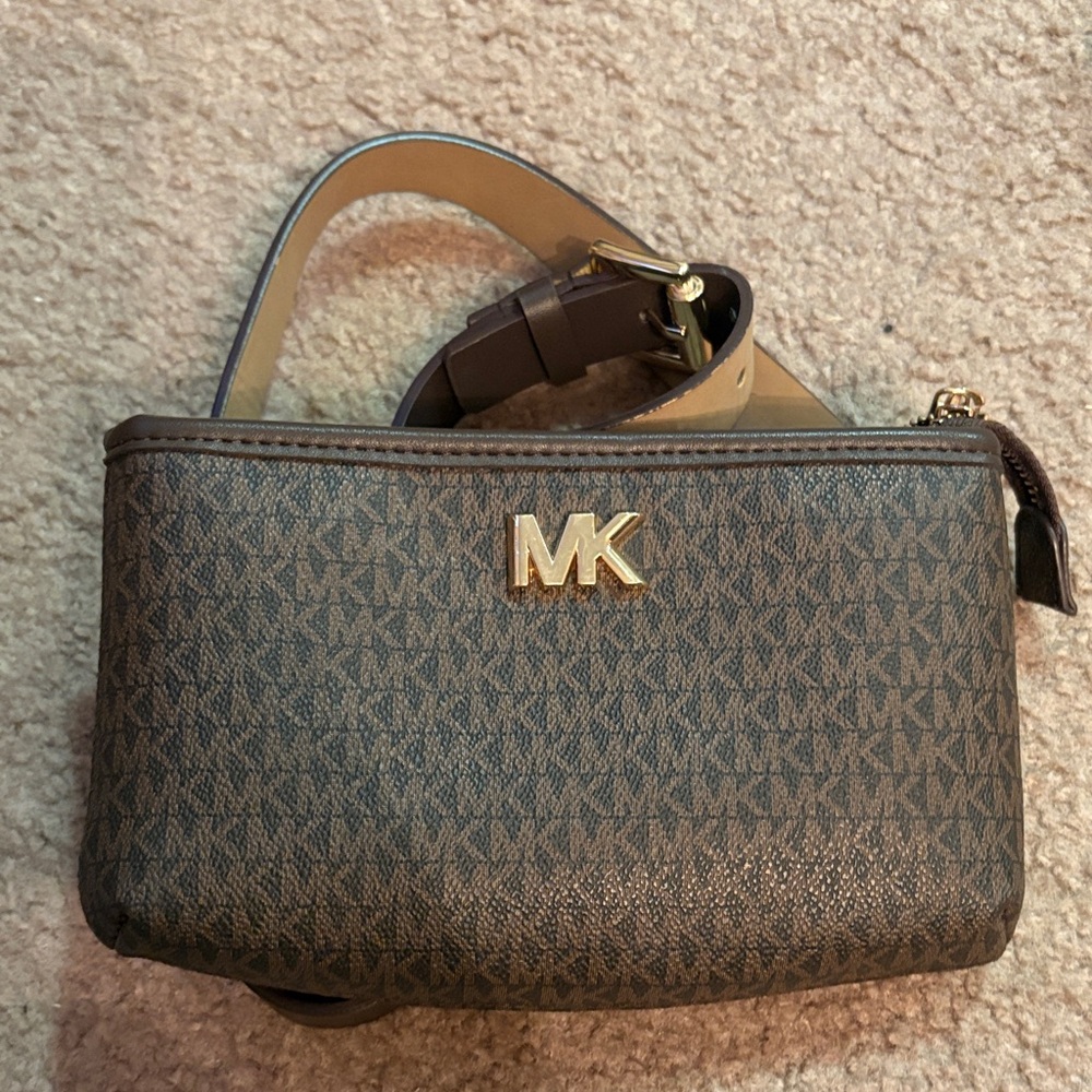 Michael Kors Brown MK Logo Monogram Crossbody Bag with Gold Hardware